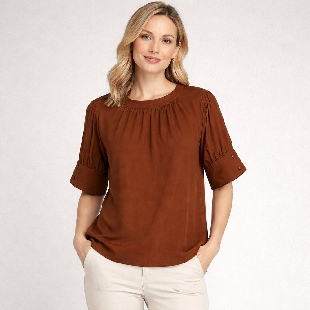 Worthington Women's Rust Blouse with Buttoned Sleeves